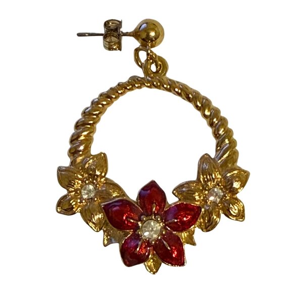 Avon Vintage Poinsettia Hoop Earrings Gold Tone Red Enamel Christmas Holiday - Picture 3 of 5